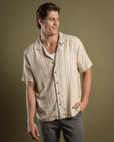 RVCA Men's Beat Stripe Short Sleeve Shirt in Brown Size 2XL