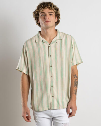 RVCA Men's Beat Stripe Short Sleeve Shirt in Green Size 2XL