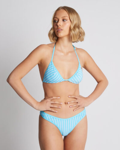 Rhythm Women's Terry Sands Stripe Fixed Halter Triangle Bikini Top in Blue Size 10